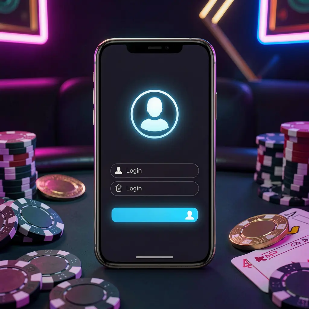 ZOR777 casino app login scene on a smartphone with glowing user profile icon, surrounded by chips, cards, and coins against an elegant dark background with neon highlights