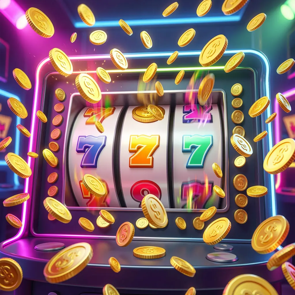 ZOR777 free spins casino image showing slot machine reels spinning with golden coins flying everywhere under colorful neon lights, creating an exciting jackpot mood in a premium 3D illustration