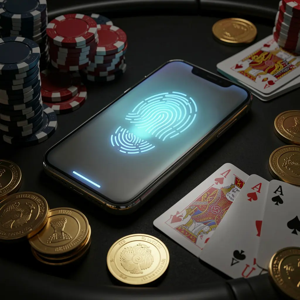 ZOR777 online casino login screen showing phone with glowing fingerprint scan on a premium black table surrounded by poker chips, golden coins, and playing cards in a cinematic 3D render